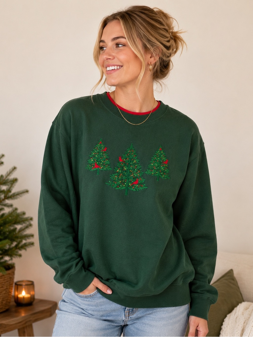 M&C Sportswear Women’s Large Christmas Tree Cardinal Sweatshirt Green